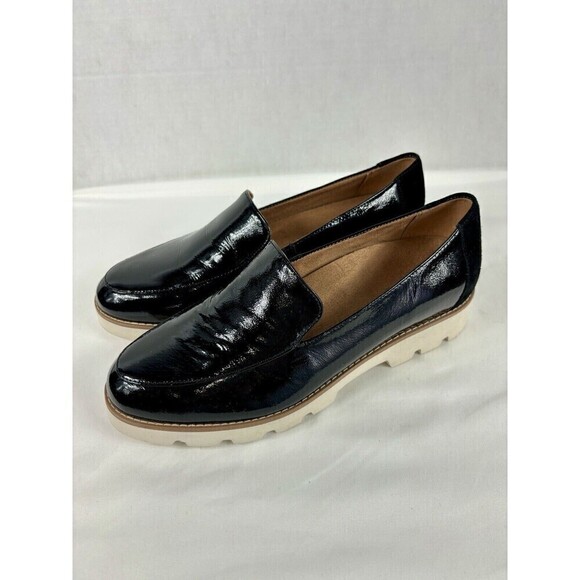 Vionic Kensley Loafers Black Patent Leather 8.5 Arch Support White Lug Sole